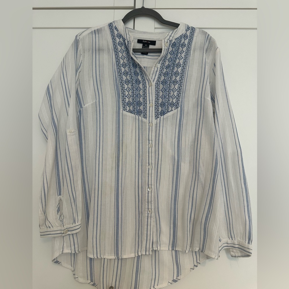 Style & Co Blue and White Striped Blouse 100% cotton size M